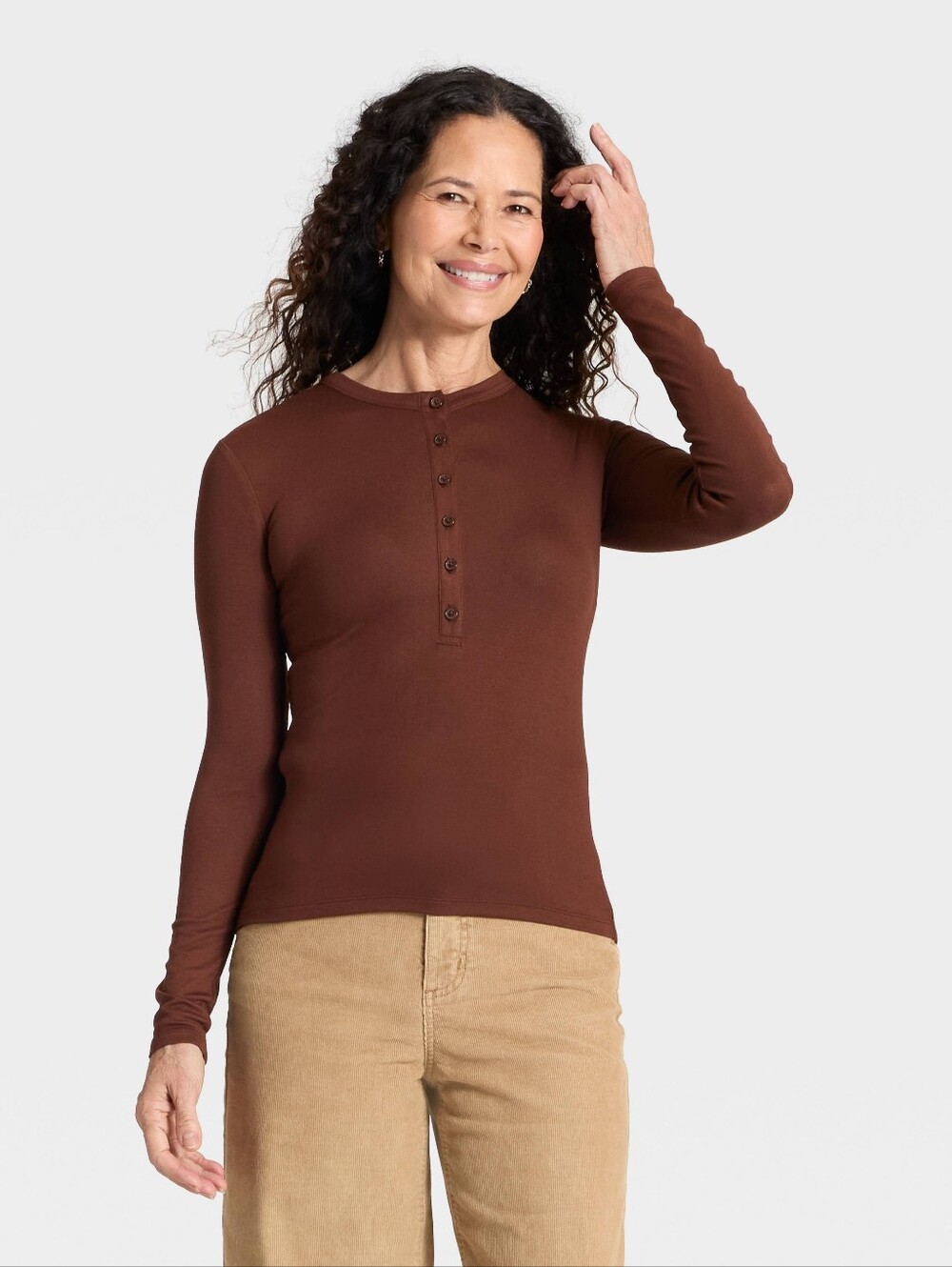 Universal Thread Women's Long-Sleeve Henley Top in Brown Small New
